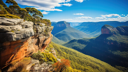 Australia, New South Wales, Wentworth Falls, Horizon over mountains on sunny day - obrazy, fototapety, plakaty