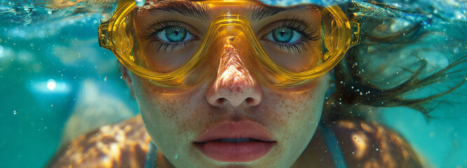 young woman at snorkeling in the tropical water summer concept