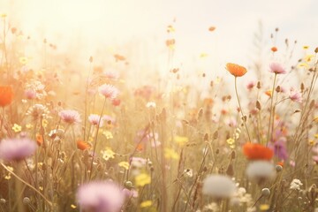 Sunlit field of wildflowers with a neutral backdrop, ideal for text overlay.