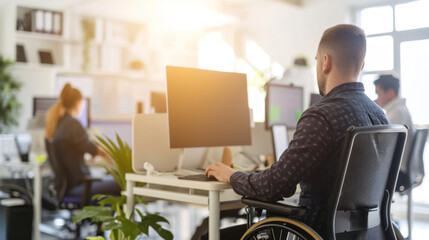 personne handicapée en fauteuil roulant travaillant sur son ordinateur dans un open space avec d'autres personnes valides  - obrazy, fototapety, plakaty
