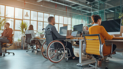 personne handicapée en fauteuil roulant travaillant sur son ordinateur dans un open space avec d'autres personnes valides  - obrazy, fototapety, plakaty
