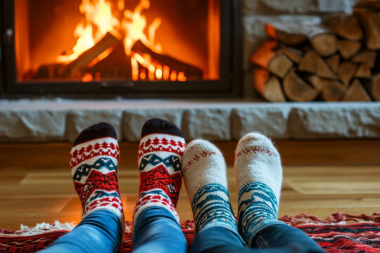 vue sur des paires de pieds avec des chaussettes d'hiver dans le style de no&euml;l, feu de chemin&eacute;e  en arri&egrave;re plan
