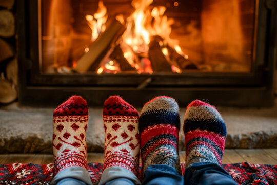 vue sur des paires de pieds avec des chaussettes d'hiver dans le style de no&euml;l, feu de chemin&eacute;e  en arri&egrave;re plan