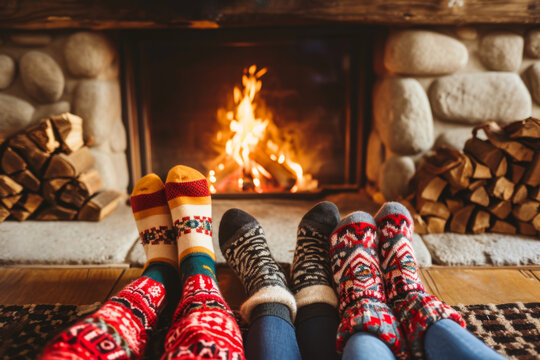 vue sur des paires de pieds avec des chaussettes d'hiver dans le style de no&euml;l, feu de chemin&eacute;e  en arri&egrave;re plan