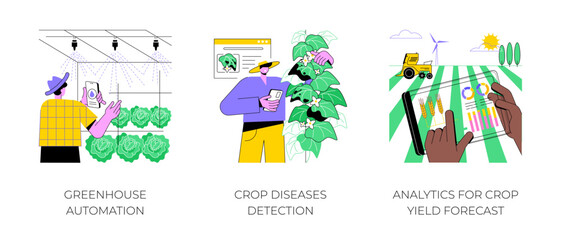Fototapeta premium Smart technologies for modern farming isolated cartoon vector illustrations set. Greenhouse automation, crop diseases detection, analytics for crop yield forecast, data analysis vector cartoon.