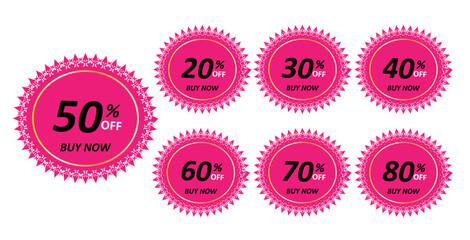Percent discount sticker discount price tag set. round speech bubble shape promote buy now with sell off up to 20, 30, 40, 50, 60, 70, 80 percentage vector illustration isolated on white