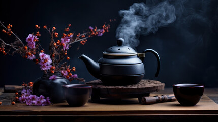 Tea Pot Amidst Blossoms Emitting Steam