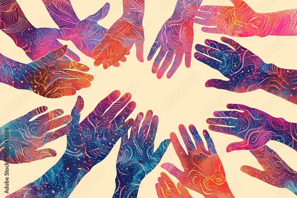 Poster Immerse yourself in a mesmerizing generative AI illustration that beautifully captures the essence of working together. A group of hands floats in the air, reaching towards each other with open palms