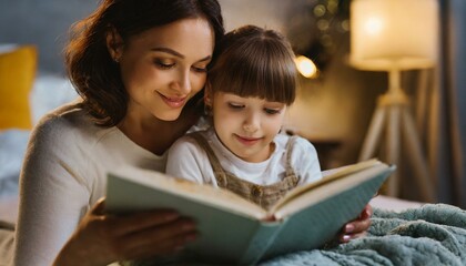 Mother reading book to child at bedtime