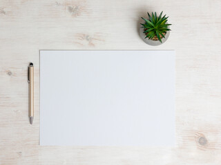 Paper A4 empty on wooden table with pen and plant. Office stationery mockup flat lay. - 715844086
