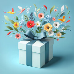 Gift box with various spring flowers on blue background. Flying flowers from the box. Mother's Day idea.