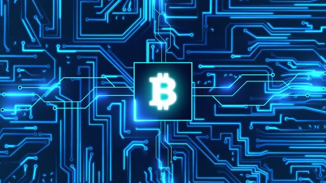 Circuit board with moving electrons and Bitcoin crypto currency. Data flow on a motherboard. Glowing circuit boards and electronic components. Concept of blockchain technology and Bitcoin mining.