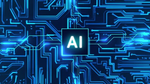 Circuit board with moving electrons and artificial intelligence AI. Data flow on a motherboard. Glowing circuit boards and electronic components. Concept of AI deep learning and AI technology.