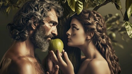 Eve giving the apple to Adam - obrazy, fototapety, plakaty