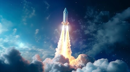 Obraz premium spaceship taking off from earth with a lot of takeoff smoke