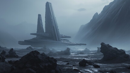 alien black sand landscape, foreground giant Sulphide minerals, spaceship, Nordic rocky black rubble environment, in background is sci-fi futuristic spaceship - obrazy, fototapety, plakaty