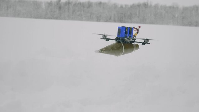FPV drone takes off, close-up. View from above.