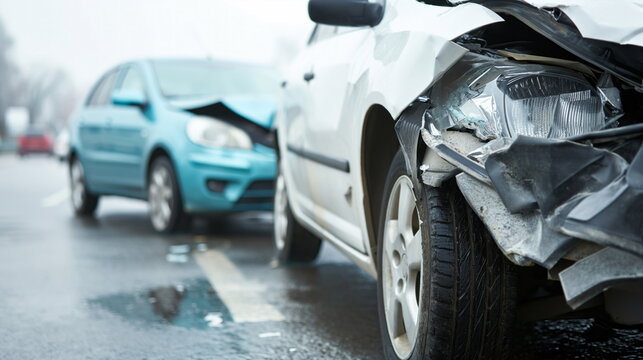 Collision of two cars, accident, damage to a vehicle. Speeding on road, drunk driving, crash car