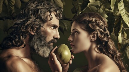 Eva giving the apple to Adam next to the tree in high resolution and quality