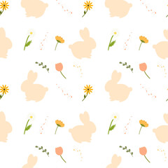 Seamless pattern with baby rabbit. Bunny pattern in beige color. Pastel rabbit animal repeat print. Cute hand drawn bunnies with flowers. Vector illustration in flat style. 