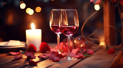 Naklejka na ściany i meble Two glasses of red wine on a wooden restaurant table with candles and red rose petals, romantic valentines day dinner date love and passion
