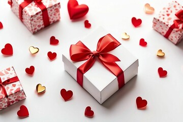 white giftbox with red ribbon and red hearts, white background,  Valentine's Day concept