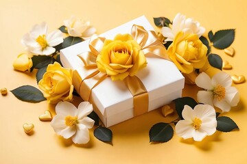 white giftbox with flowers on yellow background