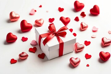 white giftbox with red ribbon and red hearts, white background,  Valentine's Day concept