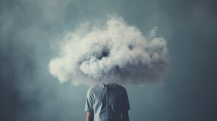 Man head in clouds, depression and fatigue at work. Man with cloud over his head depicting solitude and depression - obrazy, fototapety, plakaty