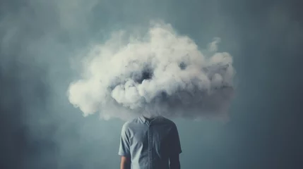 Poster Man head in clouds, depression and fatigue at work. Man with cloud over his head depicting solitude and depression © Mars0hod