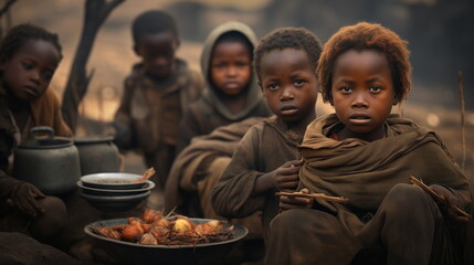 Fototapeta na wymiar Hungry African children are begging for food. Malnutrition, portrait of refugee children. Africa, poverty, poor, faces of kids portrait