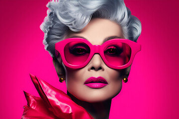 Vintage Elegance: Senior Woman with Classic Hairstyle and Pink Glasses