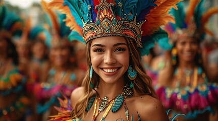 Beautiful young dancer in carnival costume inspired by Brazilian parade culture 