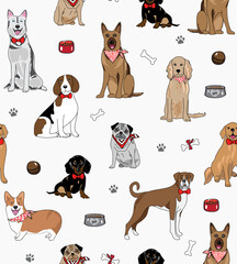 Seamless vector repeat pattern with happy dogs of various breeds and pedigree in natural dog colors on white background, surrounded by dog toys and bowls. Golden retriever, corgi, dachshund, pug