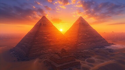 Beautiful Sunset in African desert over the ancient  pyramids