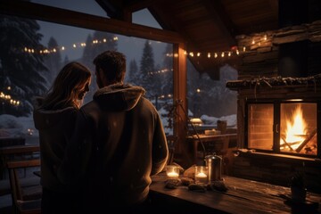 Obraz na płótnie Canvas couple stands in a warm embrace, observing the snow covered landscape from their cozy cabin porch, with soft glow of a fireplace