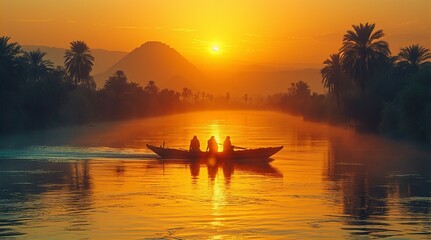 Egyptian fishermen in boat crossing the Nile river at early morning