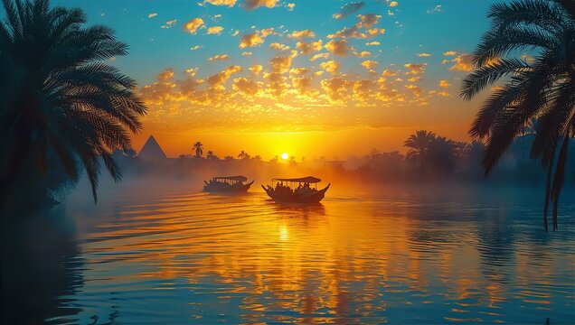 Egyptian fishermen in boat crossing the Nile river at early morning