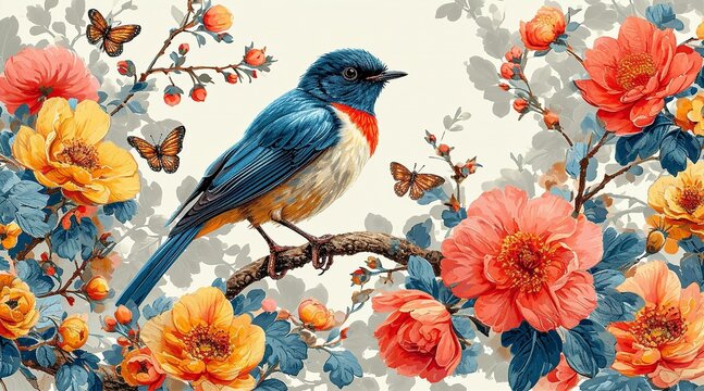 Very beautiful background with exotic flowers and birds