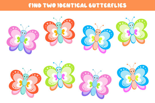 Find two identical multi-colored butterflies. Logic game for attention. Educational games for children.