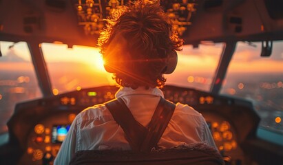 Pilot in airplane cabin gets ready for landing. Beautiful sunset on horizon - obrazy, fototapety, plakaty
