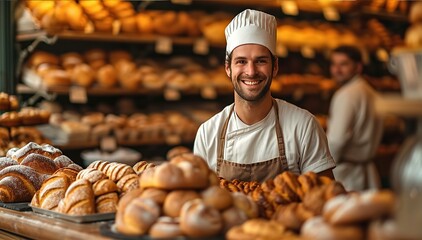 Attractive baker in bakery shop portrait, smile to camera. Small local business concept  - obrazy, fototapety, plakaty