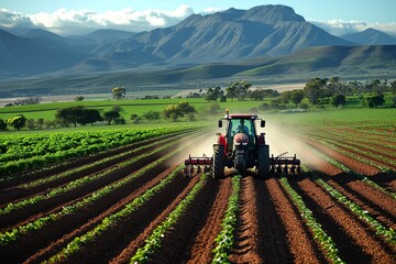 In this captivating scene, a skilled farmer drives a rugged tractor across a fertile field. The tractor's wheels leave tracks in the soil as it moves steadily forward