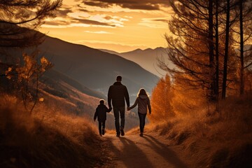 family enjoys a peaceful walk on a mountain trail, surrounded by the golden glow of the setting sun and autumn leaves