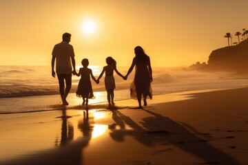 family enjoys a serene walk along the beach, their silhouettes cast long by the golden light of the setting sun