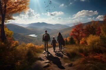 Obraz premium family hike through a stunning mountainous landscape on a crisp autumn morning, the golden hues of the season aglow with the rising sun