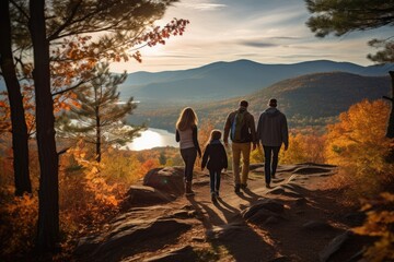 family hike through a stunning mountainous landscape on a crisp autumn morning, the golden hues of the season aglow with the rising sun