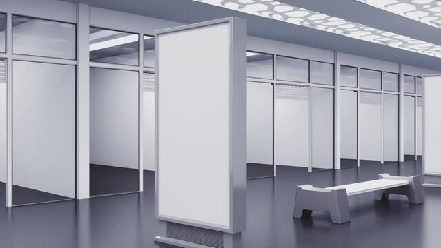 Blank lightbox mockup and bench in the shopping mall hall, store facades with storefronts. 3d animation