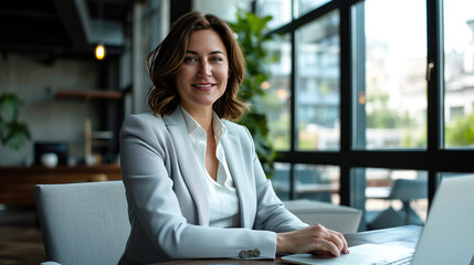 Fototapeta premium Woman smiling while working on a laptop in a bright and modern office environment