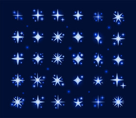 Glowing Stars Collection. Cute Decorative Sparkles. Vector Illustration of Shiny Sparkling Glittering Twinkles.